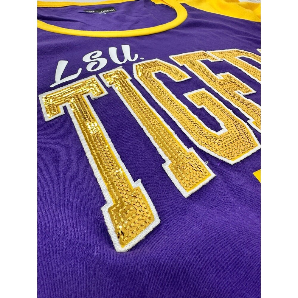 LSU Tigers Women’s Top M Purple Gold Sequin Raglan 3/4 Sleeve Shirt Football - Picture 3 of 10